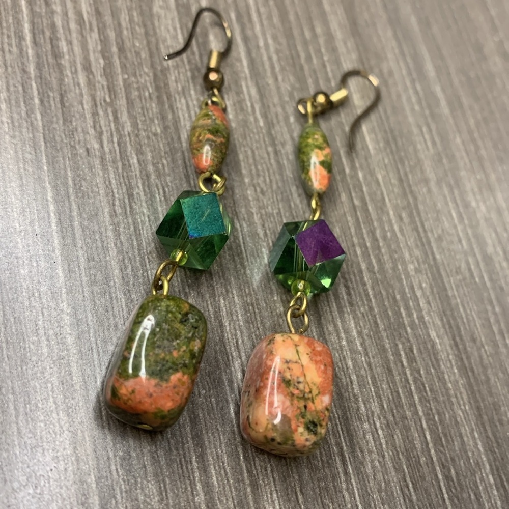 Genuine Jasper Unakite Stones Dangle Earrings